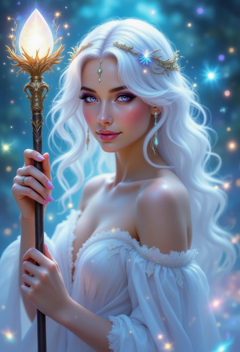 pinkhidreamfantasy, A lady with shimmering white hair, holding a staff with a glowing opal gem, surrounded by softly glowing mist.