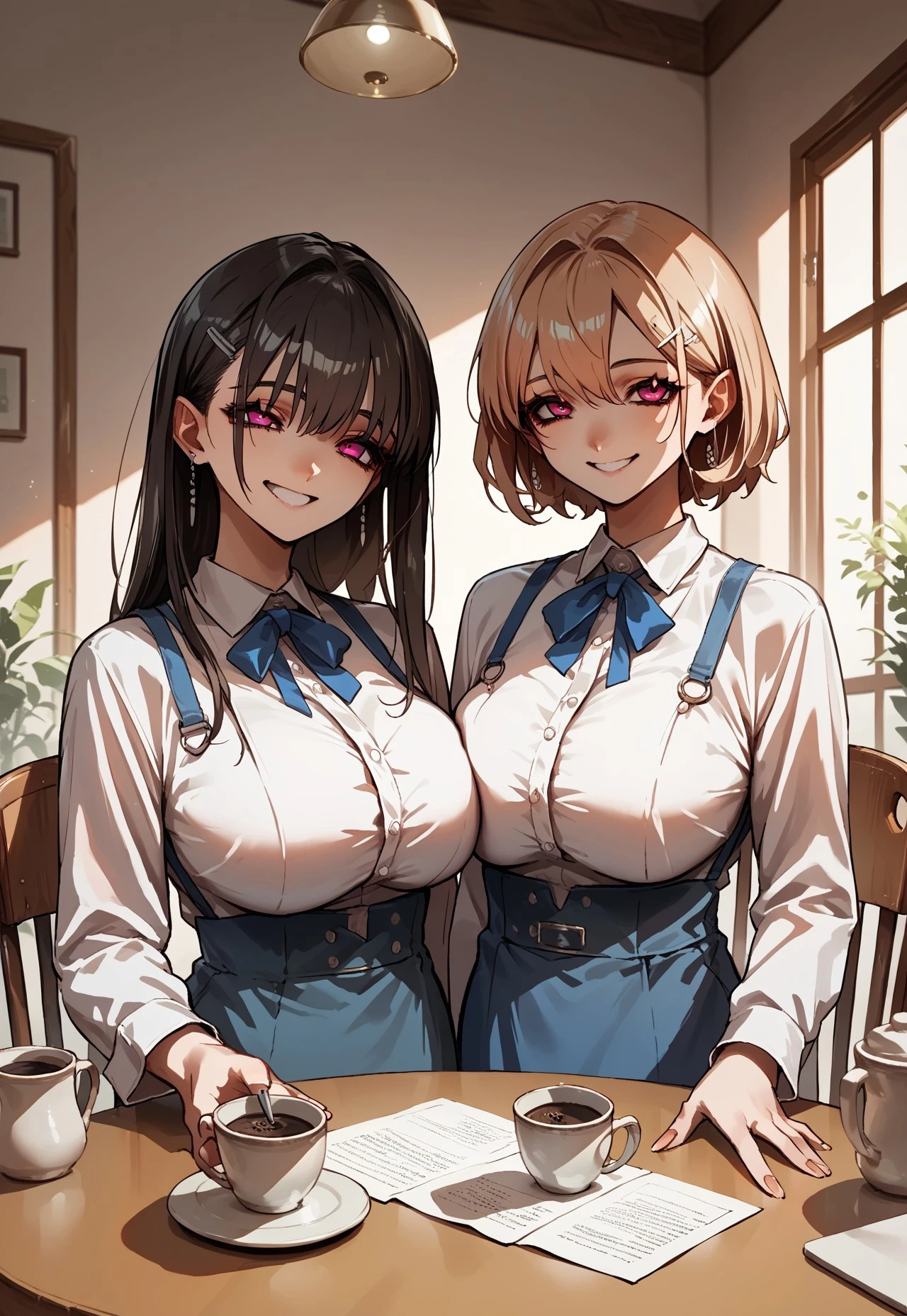 Anime Moe Art Style,Highest quality,High resolution,Anatomically correct,Multiple Girls,Mid-s,Mr.々Hair style,Super detailed,Big Breasts,Shiny skin,Beautiful Skin,A rich expression,Laughing with your mouth open,Undress,Show your chest,Nipples are visible,Lift up your skirt yourself,I can see the shorts,Coffee shop,waitress,mini skirt,Eyes drawn in detail,8K