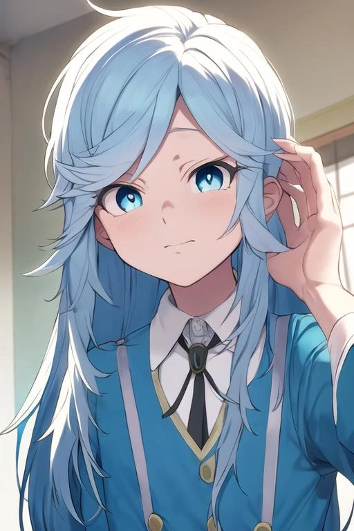 masterpiece, best quality, high quality, 1boy, solo, male focus, looking at viewer, upper body, <lora:akira_kemono_jihen:0.74>, akira_kemono_jihen, long hair, blue eyes, blue hair, , school uniform