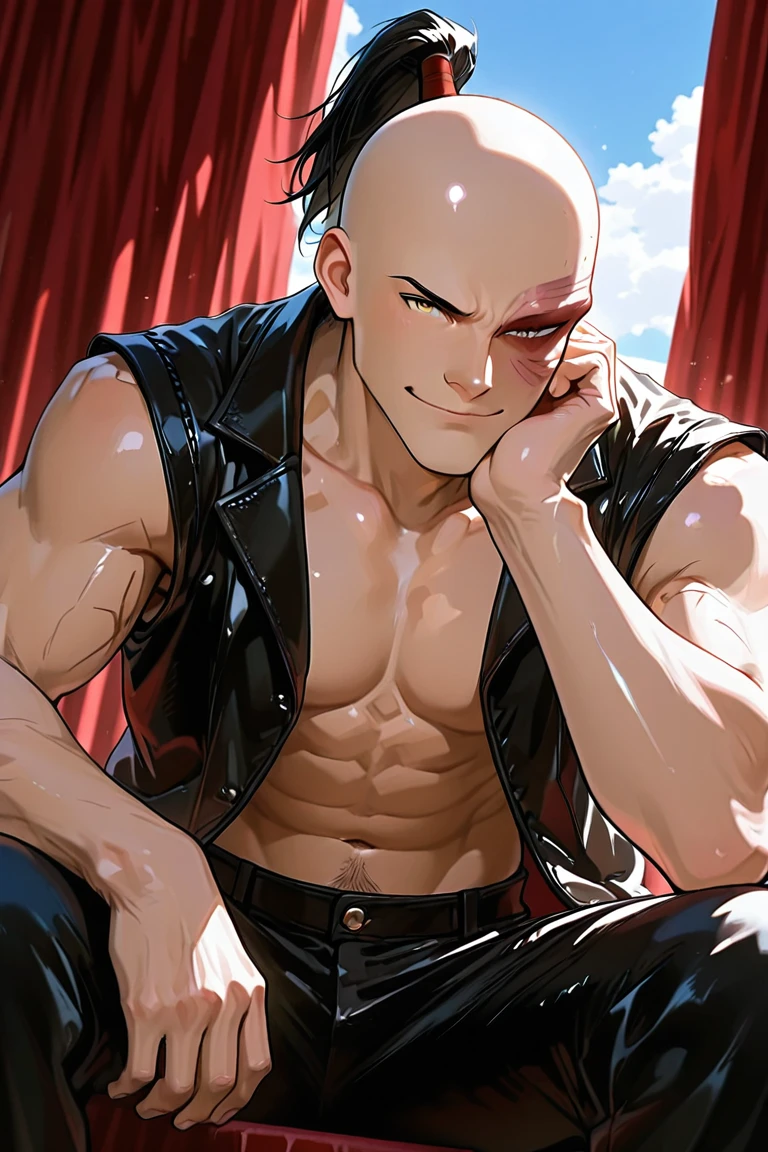 (((1boy))), ((toned)), full body, skinheaded, young_boy, hypnotized, wearing only cocksock, big boner, big_erect_cock, big bulge, sexy, blushing, drooling, shirts open, hands tied back, wearing dog collar, expression of Intense ecstasy, flexing and teasing, playing with nipples_