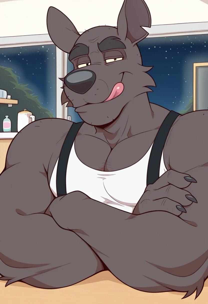 detail background, anthro kangaroo, solo, 1boy, masculine, fat, brown body/fur, thick eyebrows, black eyes, no hair, kangaroo tail, short ears, black nose, pointed ears, thick arms, large claws, three toes, white tank top with black suspenders, light blue pants, BREAK sitting, indoors, inside, kitchen, on chair, relaxed, leaning forward, arms on table, looking at viewer, smug expression, close up, male focus, half eyes open, at night, dark atmosphere, detailed lighting, licking lips, crossed arms, arms crossed