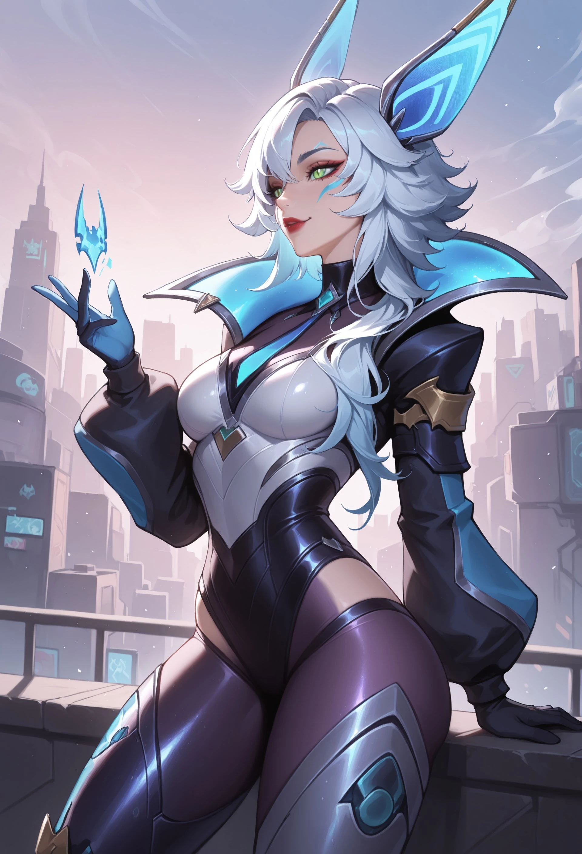 (female:1.2), 8k, ultra hd, ultra detailed texture, hyper realistic, masterpiece, detailed texture, detailed face, detailed skin, detailed lighting, (photorealistic:1.5), best quality, beautiful lighting, cinematic lighting, professional lighting, ultra highres, realistic, detailed hair, real hair, high quality, (realskin:1.5), extremely detailed, finely detail, ultra-detailed, 1girl, solo, floating, (blue eyes), glowing eyes, black lips, v-shapped eyes, closed mouth, angry, colored skin, dark skin, purple skin, nose, pretty, beautiful, make up, evil smile, short hair, white hair bangs, large breasts, thigh, pauldrons, black pants, belt, purple coat, mechanical wings, armor shoulder, gloves, eudora \(mobile legends\), depth of field, looking aways, skin tight, amazing pose, glowing electric, lighting, cinematic background, elf ears.