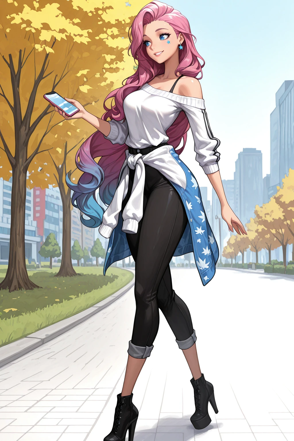 masterpiece, good quality, best quality, very awa, very as2, absurdres, highres
<lora:KDASeraRisingStarilluLoRA:1>KDASeraRisingStar, gradient hair, long hair, asymmetrical bangs, blue eyes, mark under eye, star (symbol), earrings, black bra strap, white sweater, off shoulder, bare shoulders, leaf print, clothes around waist, black pants, bare, pants rolled up, black platform heels, holding smartphone,
<lora:Blade & SoulStylelluLYCO:1.2> bns, solo, city, park, trees, walking, smile