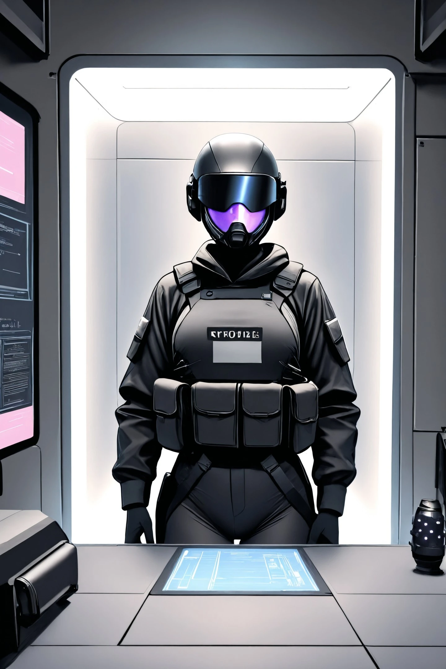 woman muted rebel scout, matte black outfit stitched from riot gear and insulation panels, violet micro-lenses over eyes, hovering behind checkpoint scanners with EMP grenade in palm, ,
Superlative quality, Elegant description,