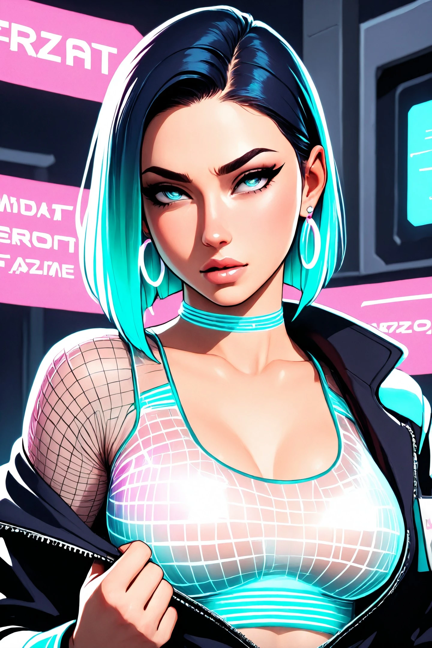 woman face close up punk diplomat from broken system, holographic earrings blinking corrupted data loops, zipped mesh uniform stained with grease, arguing under flickering neon at interzone checkpoint, undressing,
Exceptionally described, Majestic narrative,
