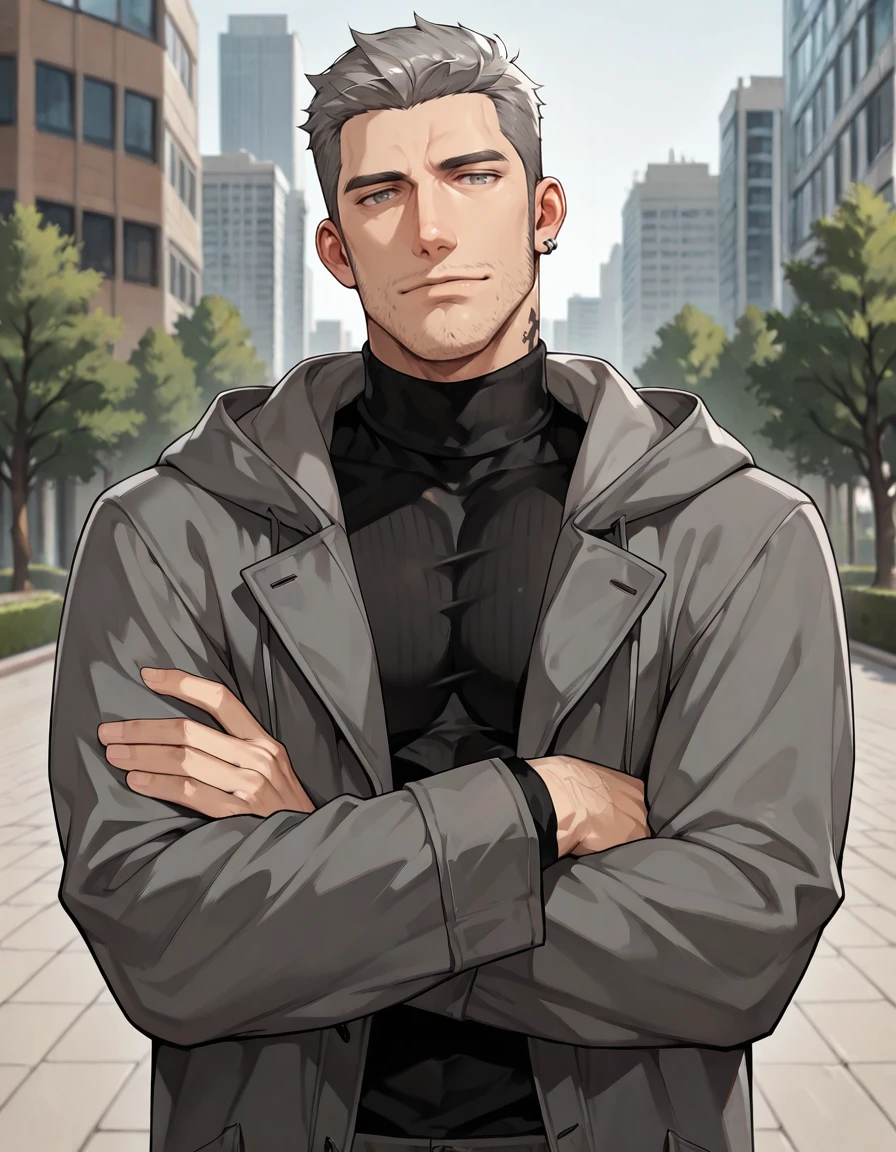 masterpiece, best quality, absurdres, newest, perfect quality, best quality, absolutely eye-catching, detailed background, intricate details, male focus, anime, solo, <lora:Persona 5 - Munehisa Iwai - Illustrious_1:0.7>, m_iwai, 1boy, mature male, grey hair, grey eyes, long sideburns, stubble, neck tattoo, multiple earrings, grey long coat, black turtleneck, hood down, head tilt, come hither, looking at viewer, outdoors, city, trees, upper body, standing, crossed arms