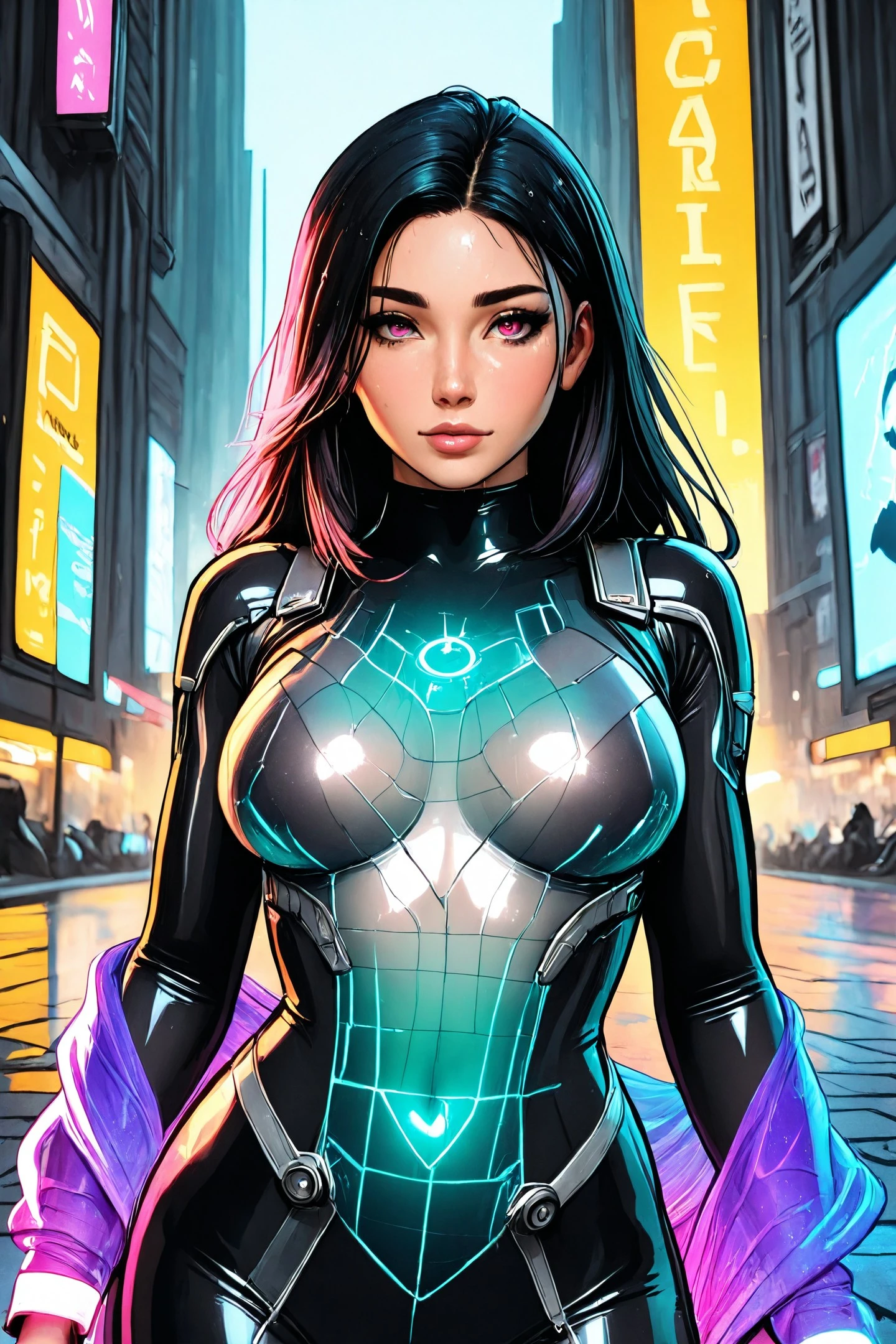 woman face close up urban punk oracle, mesh bodysuit and chromatic shawl made from discarded circuit banners, one mechanical eye cracked and leaking light, scrawling anti-system visions into wet neon pavement, undressing,
Top-drawer narrative, Premium quality,