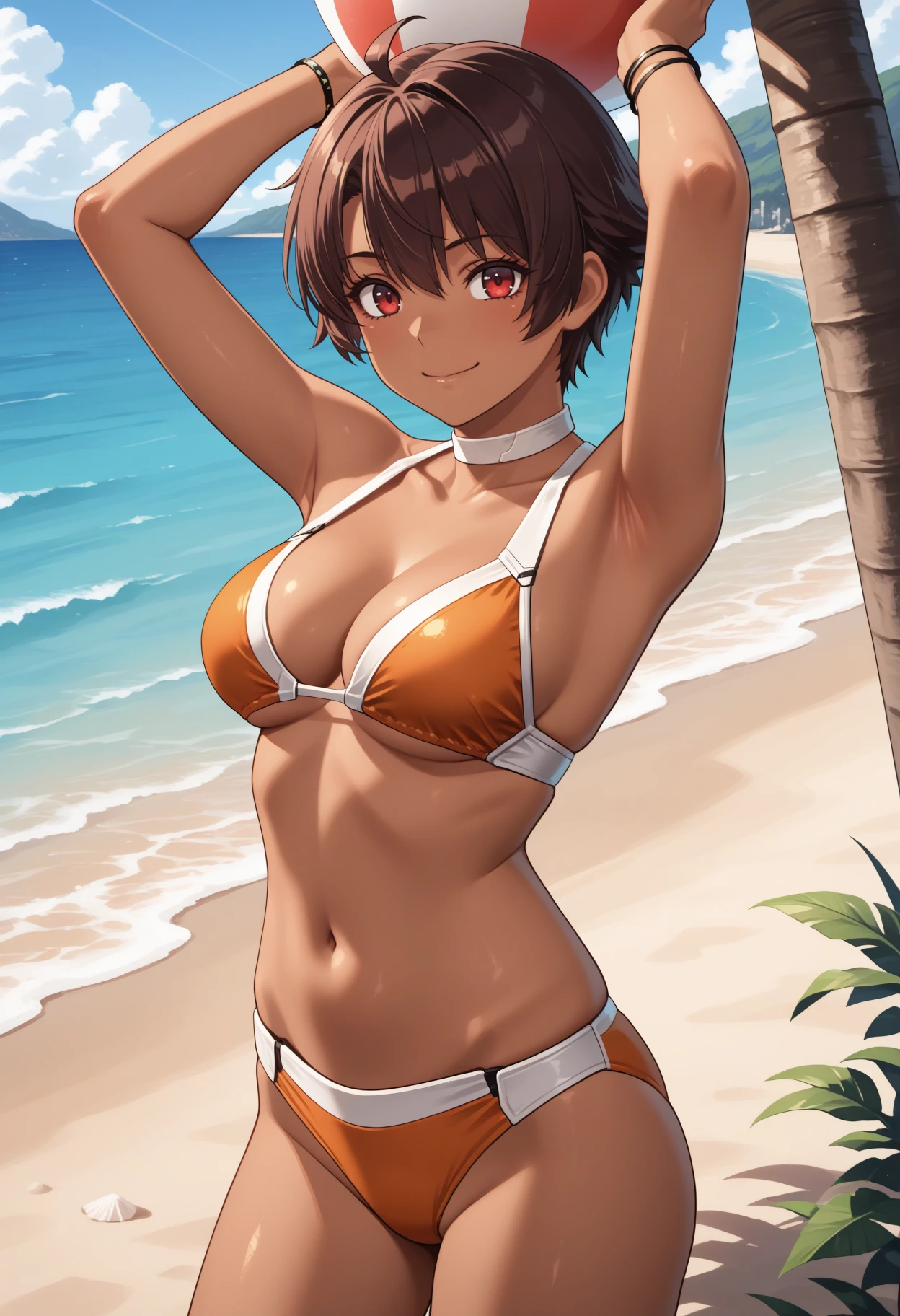 1girl, <lora:AlexaXCX-IL:1> alexaXCX.
an illustration of a girl.
dark-skinned female, short hair, brown hair, red eyes, 
orange bikini, bracelets, white trim,
cowboy shot, 
holding beachball, arms up, smile,
beach,
masterpiece, perfect quality, best quality, absolutely eye-catching