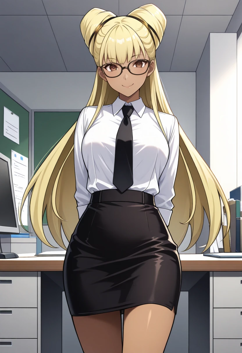 ((((kipteitei art)))), ((highres)),Masterpiece, high quality, best quality, beautiful, perfect lighting, detailed face, ultra cute face, ((1girl)), ((solo), long blonde hair, ponytail, blue eyes, glasses, embarrassed look, masochist, aroused, ((blush)), looking at viewer, arms crossed, standing in a classroom, (classroom), daytime, dress shirt, pencil skirt, ((thigh highs)), wide hips, thick thighs, medium breasts, perky breasts, 24 year old female,