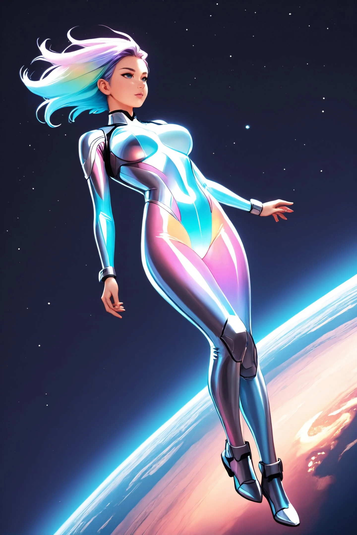 woman anime-style futuristic diva, glowing mesh bodysuit in pastel blue and purple, sleek chrome arms, rainbow ombré hair floating in zero gravity, standing in orbital transit station with Earth in the distance, naked,
Ultimate quality, Colossal narrative,