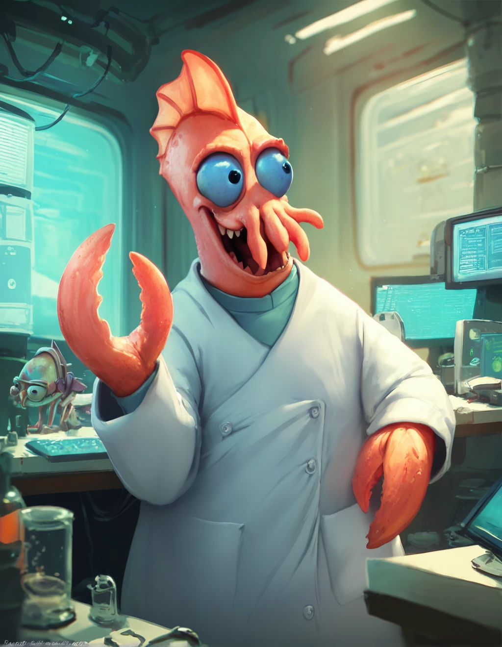 score_9, score_8_up, score_7_up, z01db3rg, alien, happy, big eyes, indoors, laboratory, lab equipment, computers, lab coat, cartoon
<lora:zoidberg-Pony-v2:1>