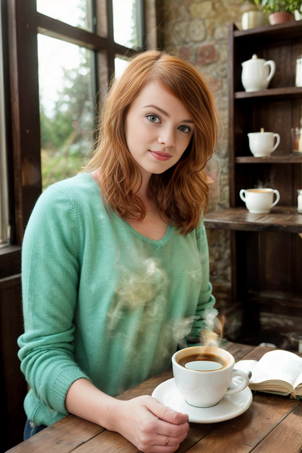 A 16 year old girl, with short wavy and orange hair, with emerald green eyes, with white skin and wearing a green knitted sweater, He was wearing a simple rope necklace with an emerald pendant, drinking tea and accompanied by several thick books on his table.