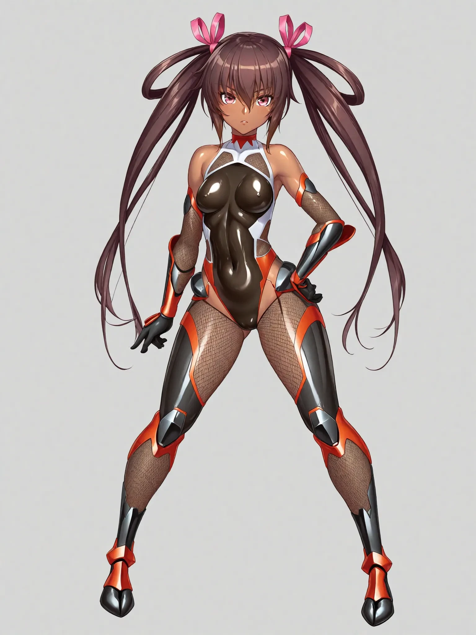 8k,best quality,masterpiece, highest quality, High resolution ,Mizuki Yukikaze, 1 person,Hair Ribbon, (((Black leotard))),(((Taimanin suit)), skinny,flat tits,One Piece Tan, Elbow Bag, Fingerless gloves, Thigh-high boots,pov,Are standing,full body,
