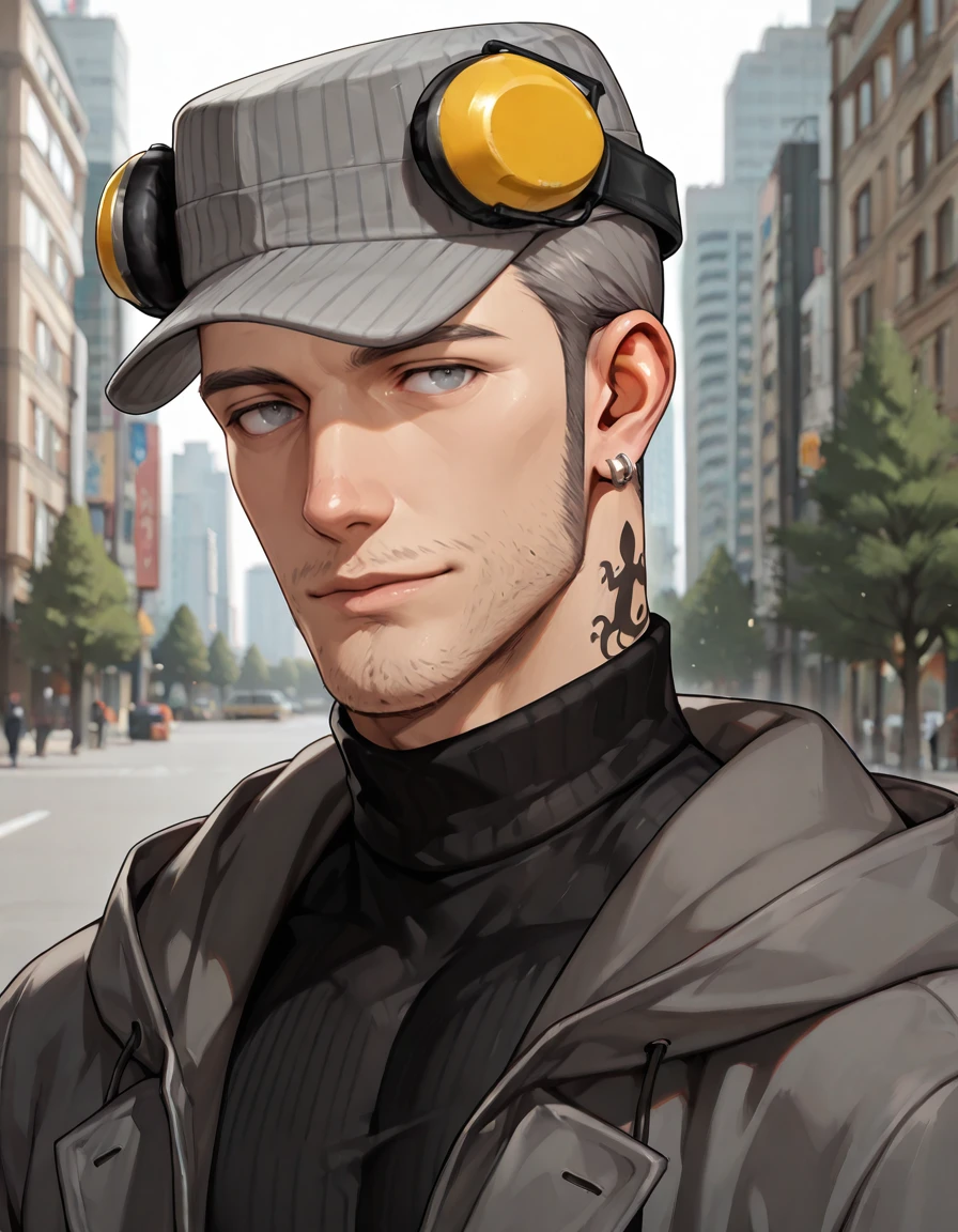 masterpiece, best quality, absurdres, newest, perfect quality, best quality, absolutely eye-catching, detailed background, intricate details, realistic, male focus, solo, <lora:Persona 5 - Munehisa Iwai - Illustrious_1:0.8>, m_iwai, 1boy, mature male, grey hair, grey eyes, long sideburns, stubble, neck tattoo, earrings, pinstripe hat, ear protection, grey long coat, black turtleneck, hood down, head tilt, come hither, looking at viewer, outdoors, city, trees, portrait, standing