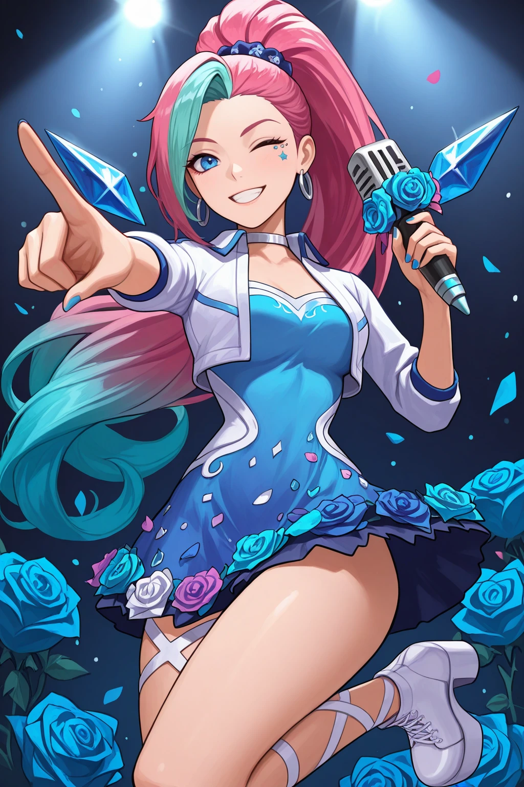 masterpiece, good quality, best quality, very awa, very as2, absurdres, highres, cute girl
<lora:KDASeraRisingStarilluLoRA:1>KDASeraRisingStar, multicolored hair, short hair, ponytail, hair scrunchie, hair ornament, asymmetrical bangs, blue eyes, mark under eye, star (symbol), Hoop earrings, choker, cropped jacket, short sleeves, short dress, Flower, rose, asymmetrical legwear, white cross-laced legwear, platform footwear, cross-laced footwear, Crystal, holding microphone, pointing at viewer, smile, teeth, one eye closed,
