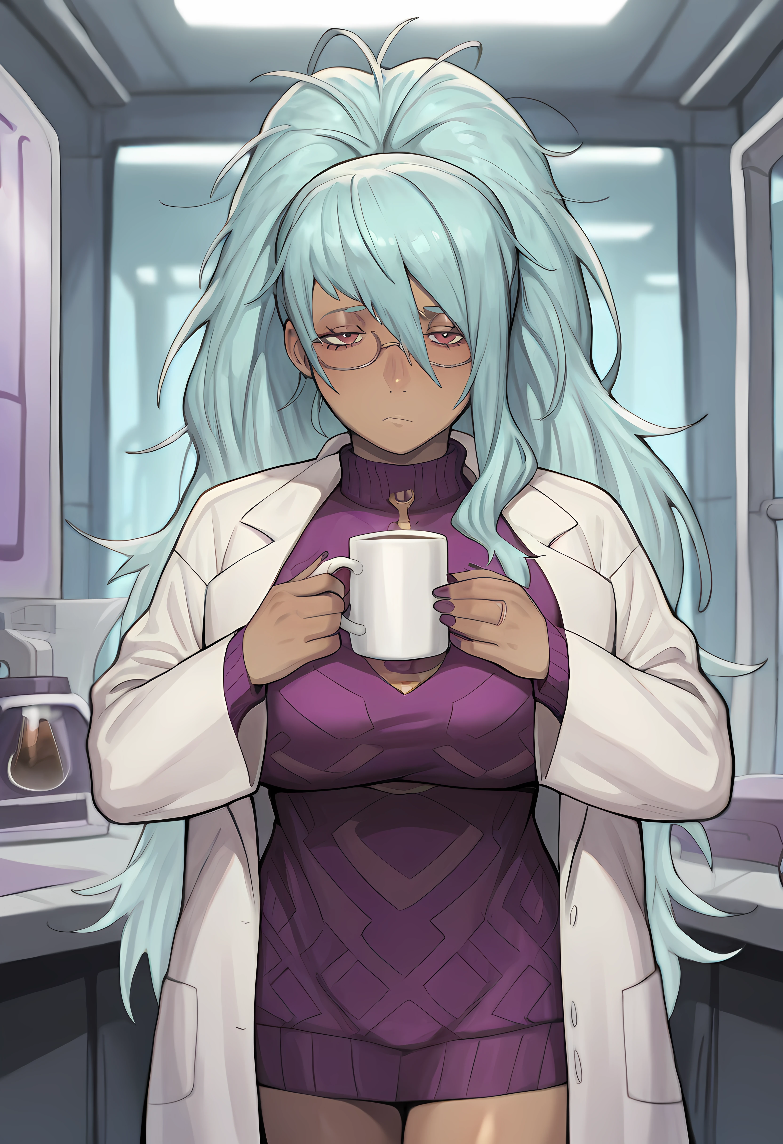 Masterpiece, newest, perfect quality, best quality, 1girl, solo, cowboy shot, indoors, laboratory, nidhoggr_feh, dark skin, dark-skinned female, long hair, blue hair,red eyes, purple nails, ponytail, jewelry, purple knit sweater, labcoat, glasses, tired, holding coffee mug