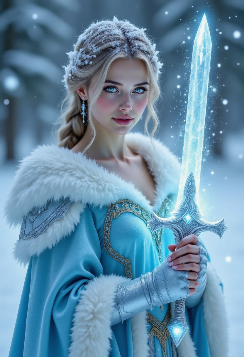 pinkhidreamfantasy A woman with icy blue armor, holding a sword made of pure ice. Her breath turns to mist as snowflakes swirl around her.
