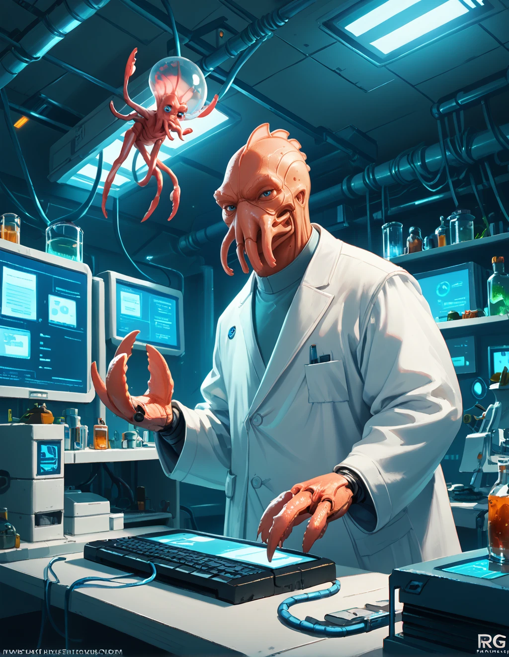 score_9, score_8_up, score_7_up,
z01db3rg, alien,
indoors, laboratory, lab equipment, computers, futuristic, science fiction,
lab coat,
<lora:zoidberg-Pony-v2:1>