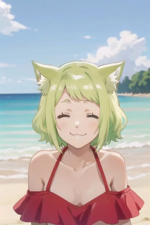 ((masterpiece, top quality)), cat girl, smile, short green bob hair, green eyes, break, light blue string bikini, sunshine, beach, sea opening