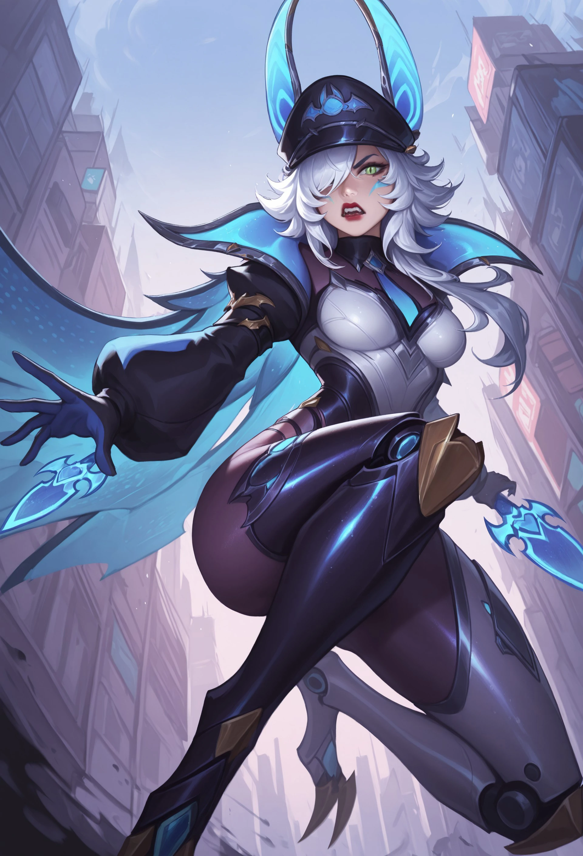 Anime woman white hair purple eyes big ass big tits in leggings and with a black top with focus on the back and her navel showing and she is very, very hot