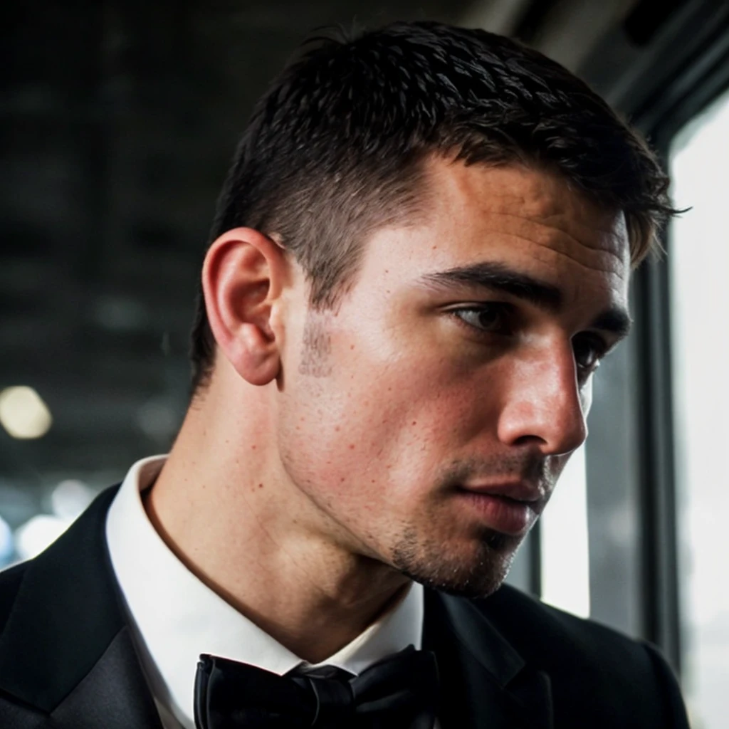 DSLR photo of anthutton person using a tuxedo.face side portrait.in blade runner.daylight.professional photography.high resolution.detailed photo.RAW.still film.f/16.uhd.hdr.4k <lora:anthutton_59850:1>