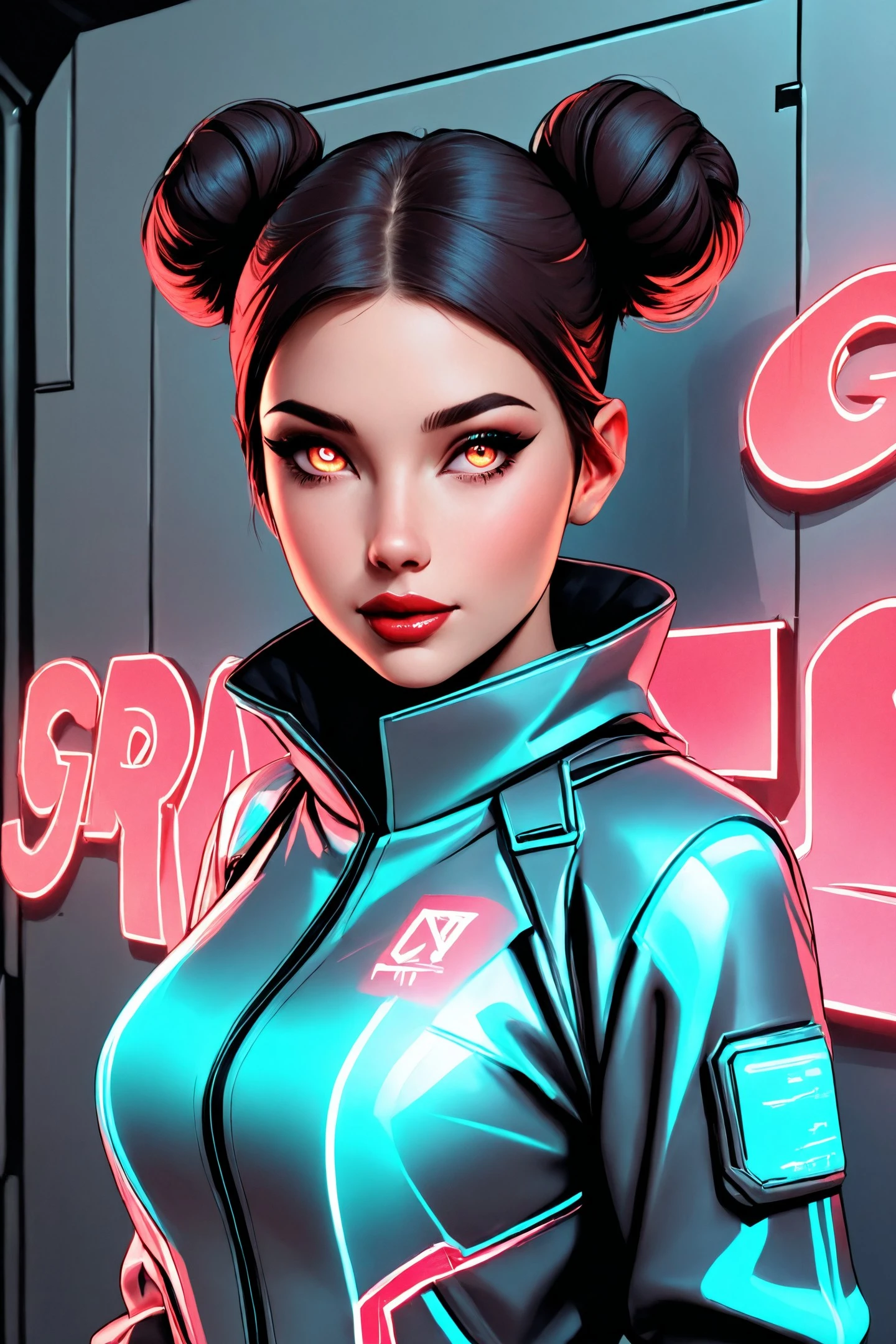 woman face close up fashion rebel, layered transparent techwear jacket over glowing suit, red lip gloss, double buns with neon rings, leaning against synth wall covered in animated graffiti, naked,
Exceptionally described, Refined narrative,