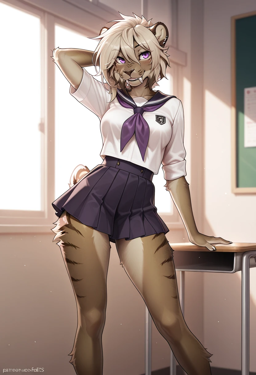 score_9, score_8_up, score_7_up, score_6_up, score_5_up, score_4_up, rating_safe, source_furry, a female anthro fluffy, 1girl, solo, female, furry, anthro, fluffy tail, small breasts, tiger, striped fur, yellow eyes, anthro, a tiger girl in black high stockings and white glasses next to a classroom blackboard, 1girl, chalkboard, thighhighs, skirt, clothes lift, solo, glasses, underwear, skirt lift, panties, furry, furry female, white panties, black thighhighs, lifted by self, black skirt, looking at viewer, shirt, classroom, white shirt, round eyewear, shy, blush