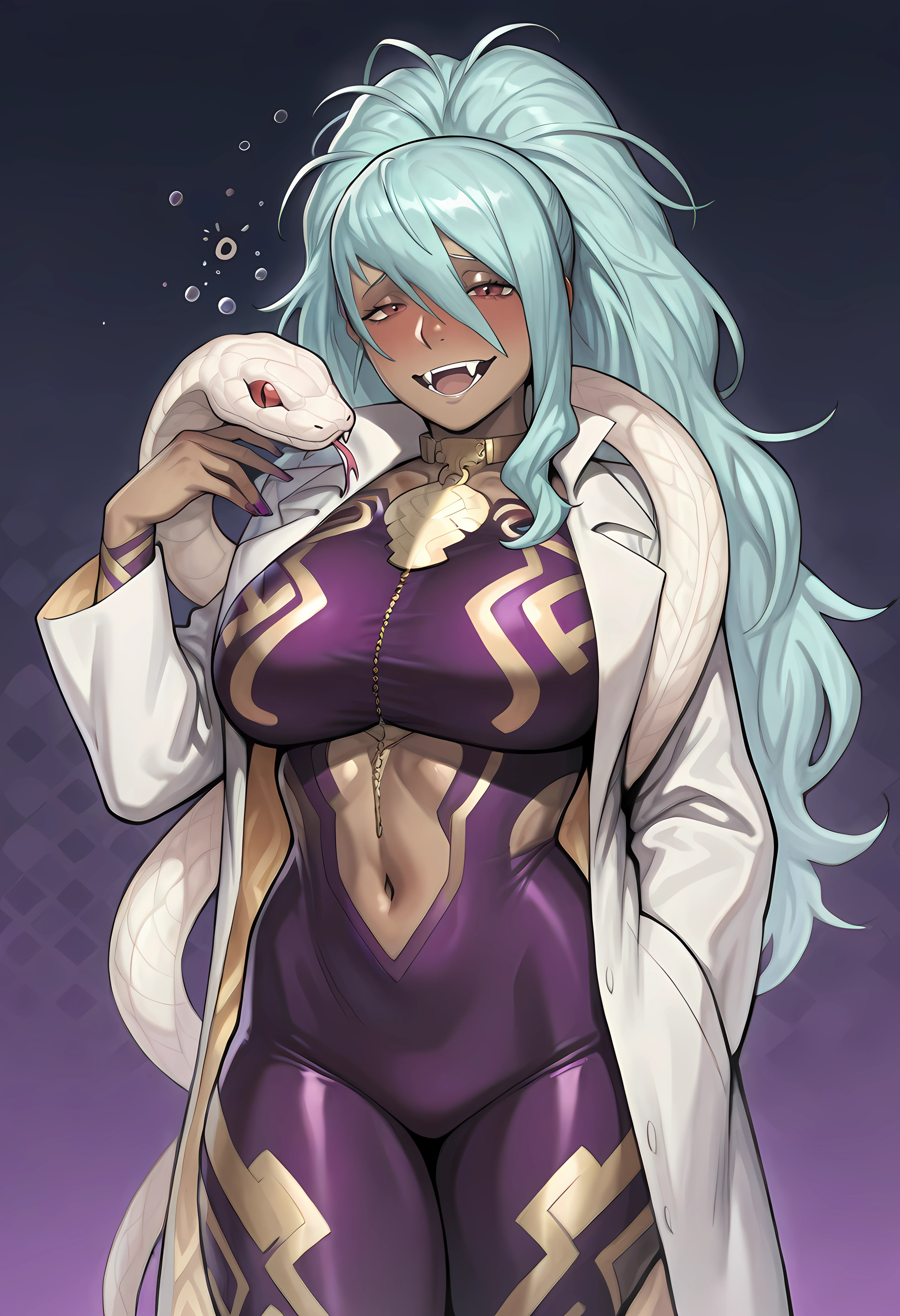 Masterpiece, newest, perfect quality, best quality, 1girl, solo, night, patterned background, cowboy shot, nidhoggr_feh,(white snake,:1.1) dark skin, dark-skinned female, long hair, blue hair,red eyes, purple nails, ponytail, jewelry, purple bodysuit, navel window, labcoat, collar, drunk, smile, fangs, looking at viewer