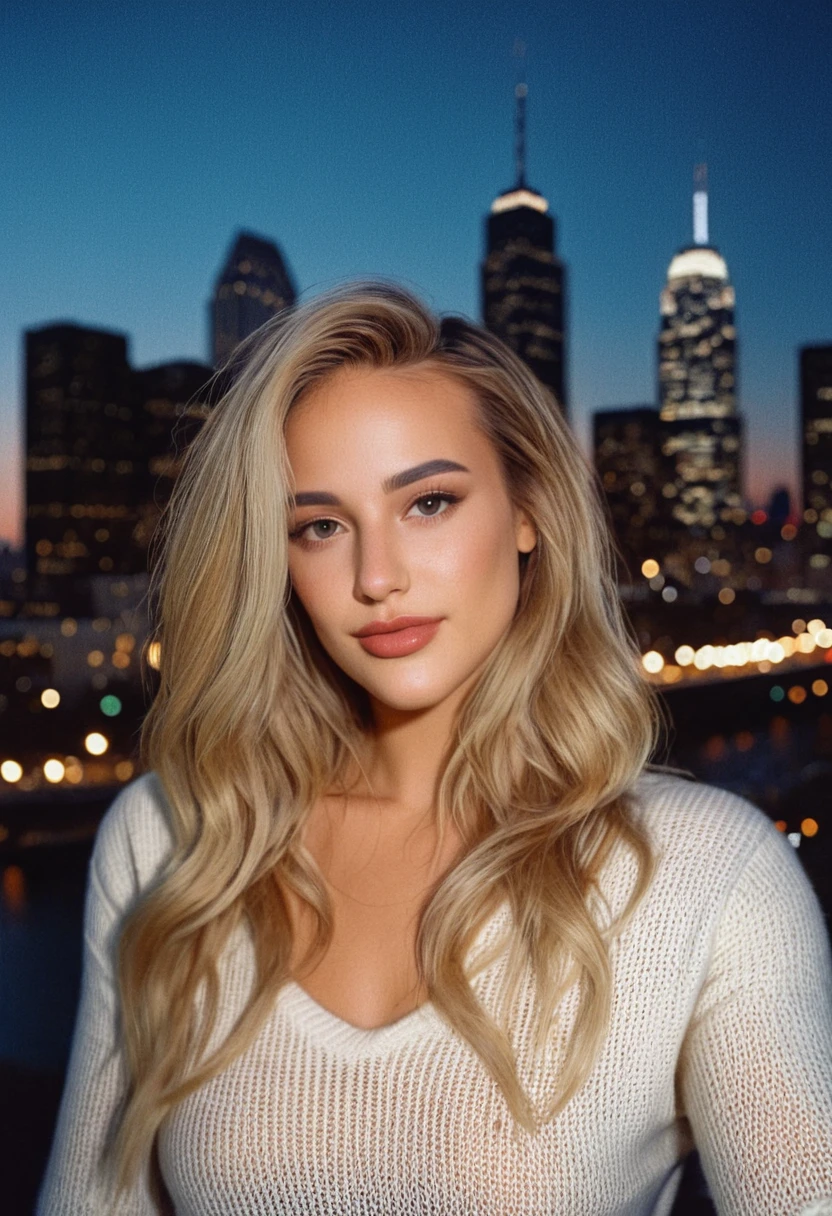 realr1ss, riss dubois, <lora:RealR1ss-sdxl:1>, 1girl, sweater, solo, curvy, long hair, contour makeup, realistic, blonde hair, looking at viewer, bokeh, focus, film, velvia, artistic, best quality, photograph, city skyline, nighttime, bokeh