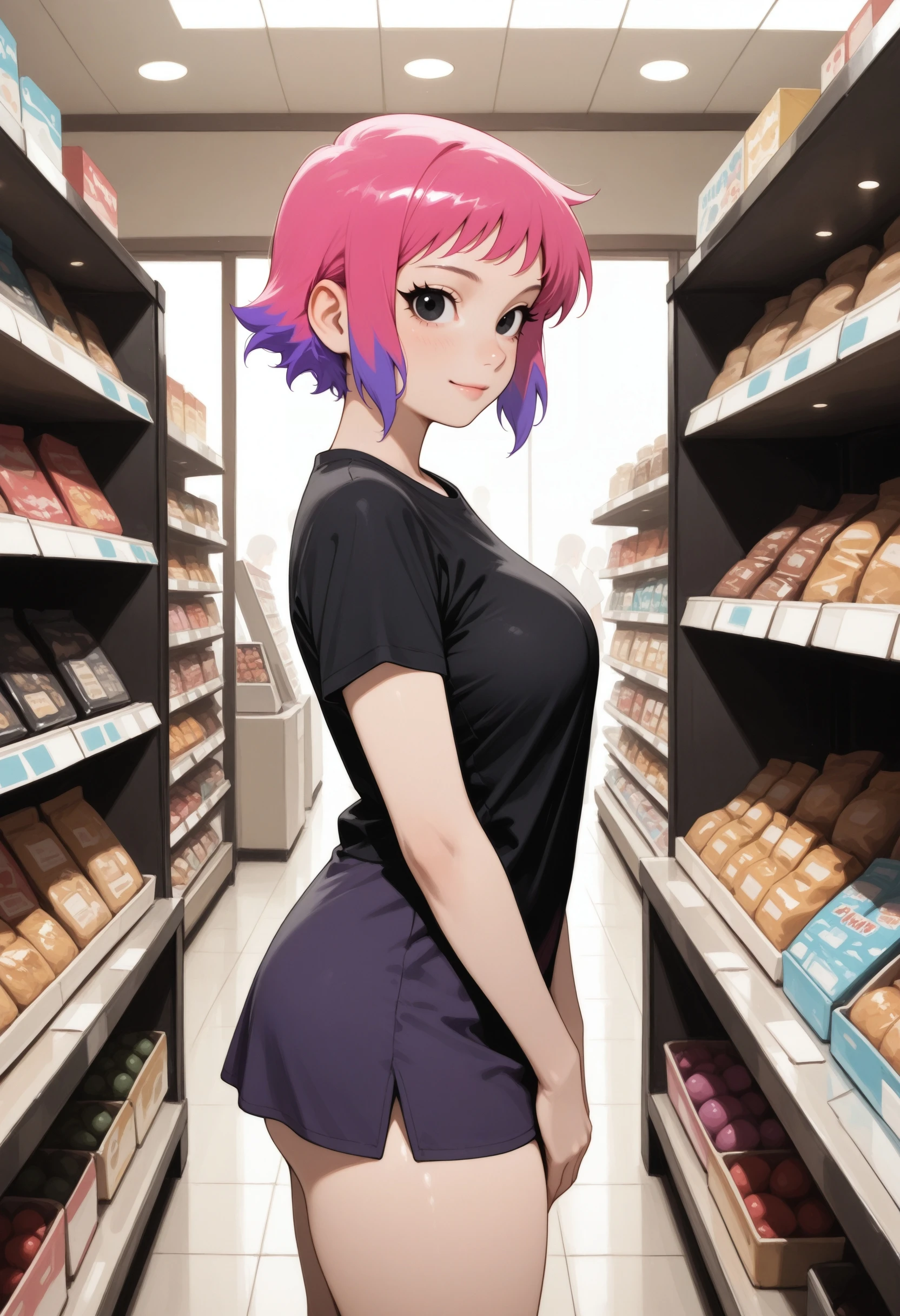 lazypos, 1girl, solo, thick thighs, skindentation, medium breasts,
light smile, standing,
t-shirt, lowleg skirt,
from side, looking at viewer,
shop,
<lora:Ramona Flowers (illust):1> ramflo, short hair, multicolored hair, two-tone hair, pink hair, purple hair, long eyelashes, black eyes,