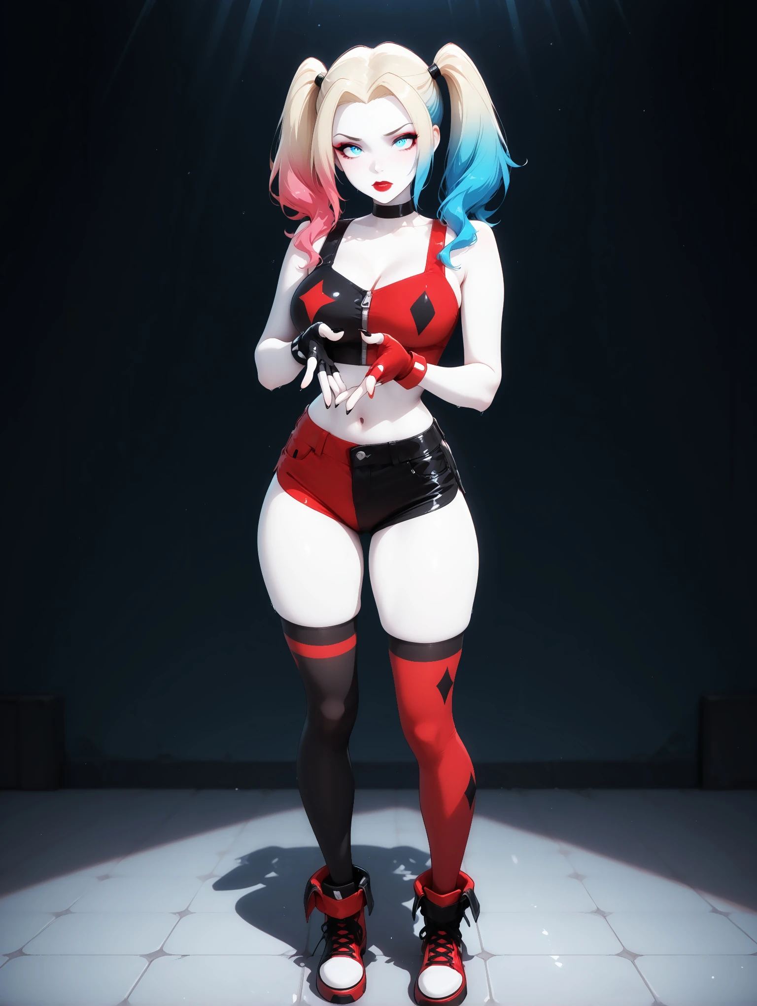 masterpiece, best quality, perfect hands, amazing quality, solo, imtdharley2019, 1girl, full body, crop top, shorts, blonde hair, multicolored clothes, multicolored hair, twintails, makeup, blue eyes, lipstick, gloves, fingerless gloves, choker, blue hair, pink hair, thighhighs, pale skin, gradient hair, eyeshadow, black nails, red nails