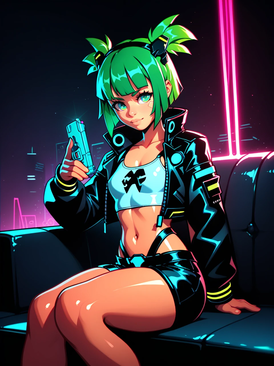 (2d, illustration,lineart), character outline,(score_9, score_8_up, score_7_up), best quality, dramatic lighting, ultra-detailed, intricate details, flat shading, lens effects,
1girl, cute, short hair,pigtails, curly hair, green hair,chromatic aberration, lens distortion, dramatic angle, scifi, cyberpunk, black leather couch, neon lights, futuristic, shiny,