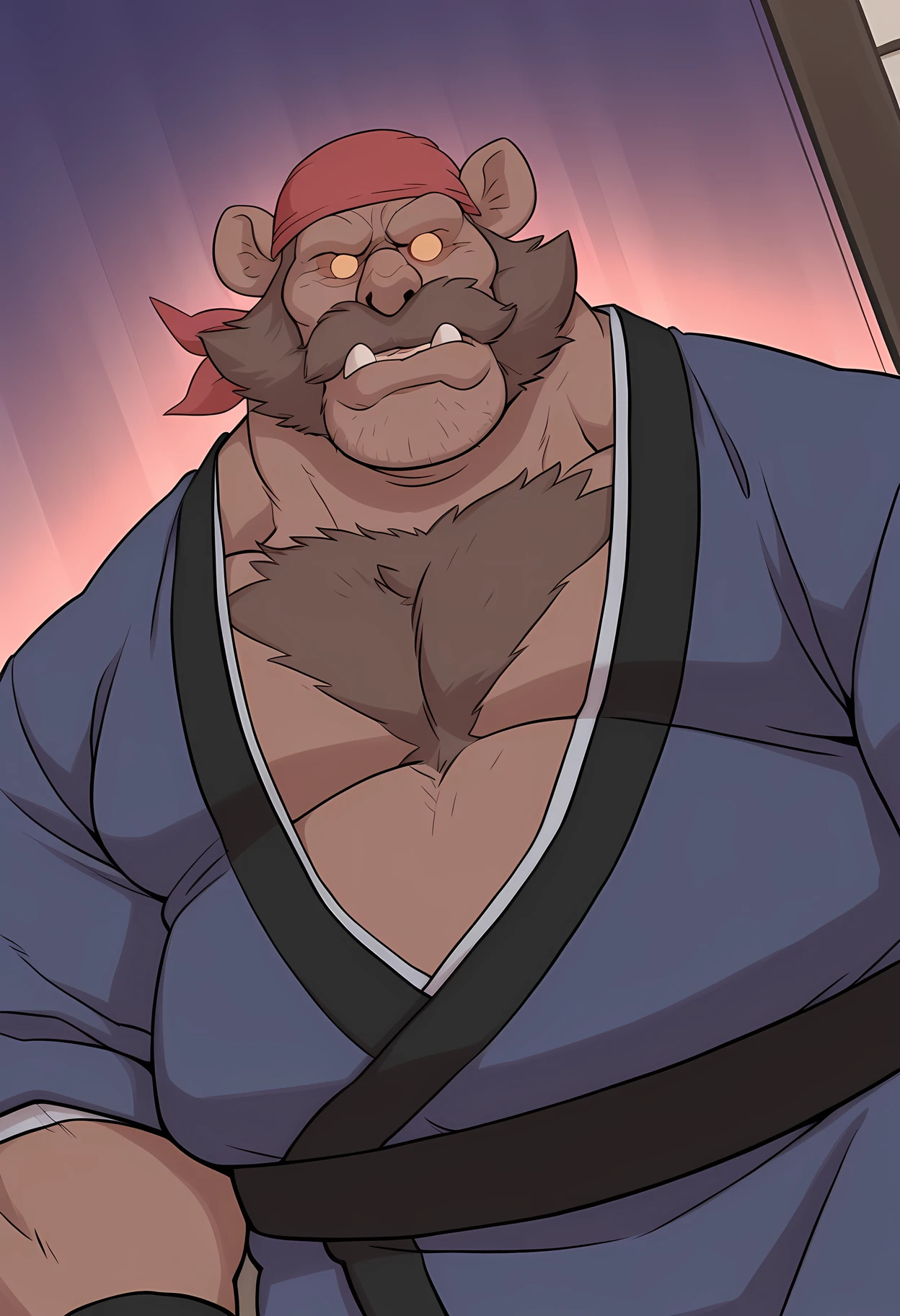 Vysache, furry, 1boy, rabbit boy, rabbit ears, animal nose, one-eyed, red eyes, white fur, fat, bald, He is a fat, muscular man wearing, a loincloth.