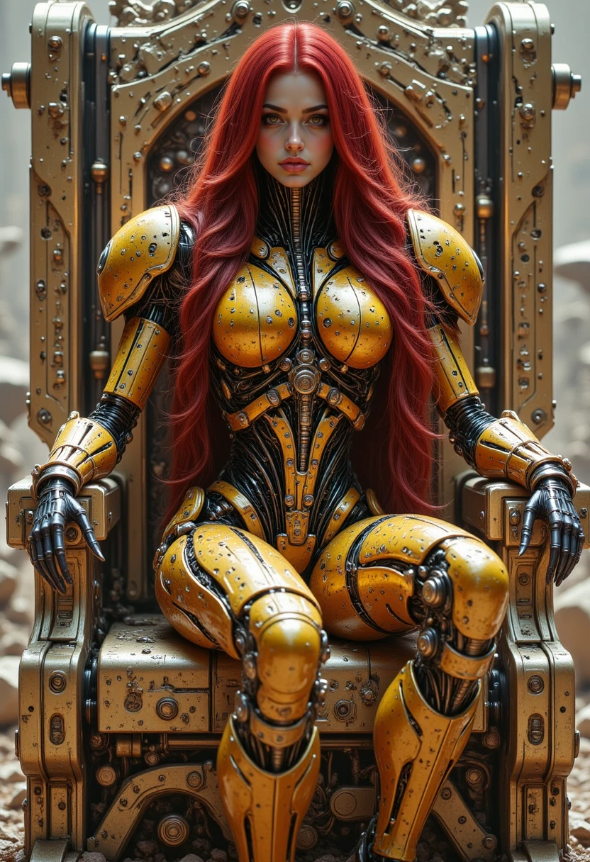 pinkmechalux, A cybernetic empress, adorned with metallic gold armor infused with intricate patterns, deep crimson hair, seated on a throne surrounded by hovering drones.