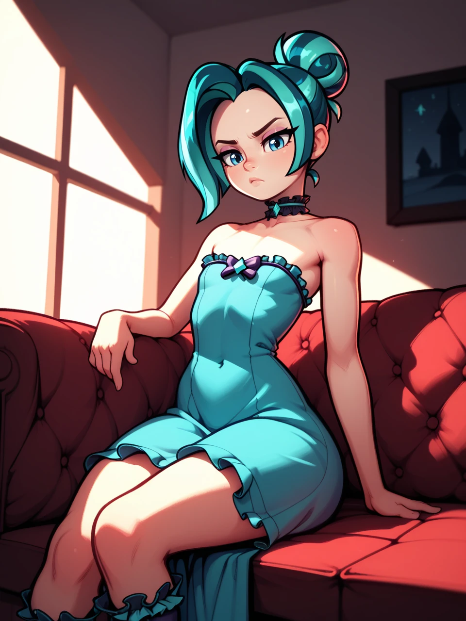 2d, illustration,lineart,cartoon, character outline,(score_9, score_8_up, score_7_up), best quality, dramatic lighting, ultra-detailed, intricate details, flat shading,
1girl, cute, chromatic aberration,
dark wooden house, velvet sofa, sitting, sfw, closeup, 1girl, cute, long hair, side part, (petite:1.2), flat chest, dress, long dress, frilly socks,serious expression, choker, dramatic angle, shimmering blue eyes, pale skin, hair bun, narrow hips, narrow shoulders,