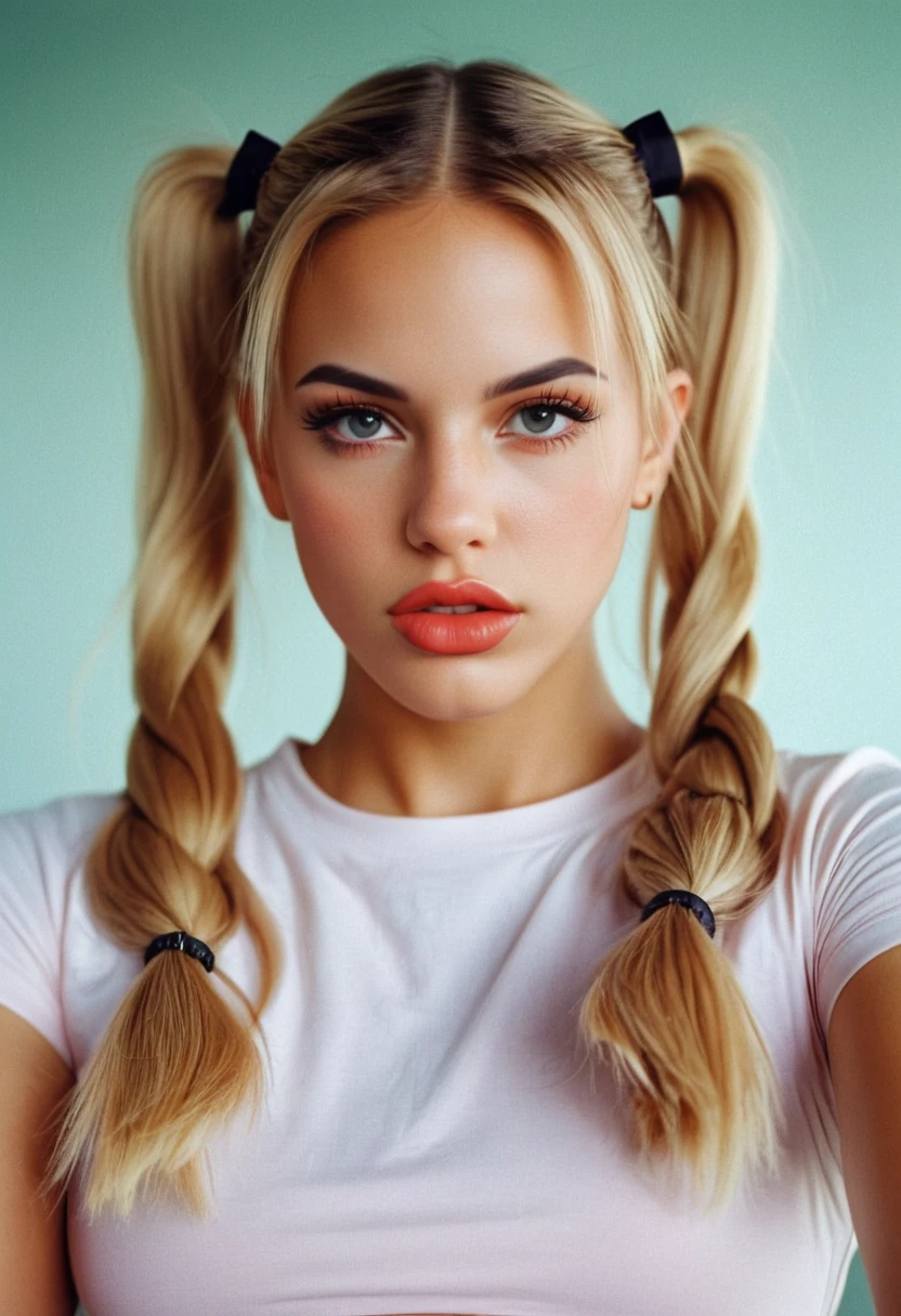 detailed, cinematic, focus, contour makeup, blush, big lips, glossy lips, realr1ss, riss dubois, <lora:RealR1ss-sdxl:1>, 1girl, twin tails, focused, analog, velvia, bokeh, portrait, close-up, midriff, (shirt), croptop, navel, solo, realistic, blonde hair,