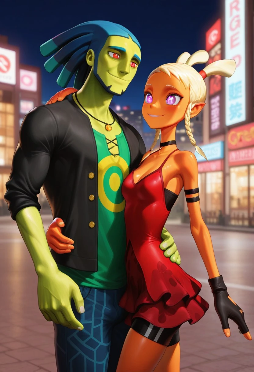 masterpiece, best quality, amazing quality, 3d, couple, duo, colored skin, hetero, looking at partner, smile, (1boy, Zuke, black jacket, green undershirt, neckless, dreadlocks, blue hair, red eyes, greem skin, single glove, blue pants, ) BREAK (1girl, Blonde hair, three pigtails, short hair, orange skin, purple eyes, flower pupils, choker, red dress, black shorts, single fingerless glove,) outdoors, city, night, city lights,