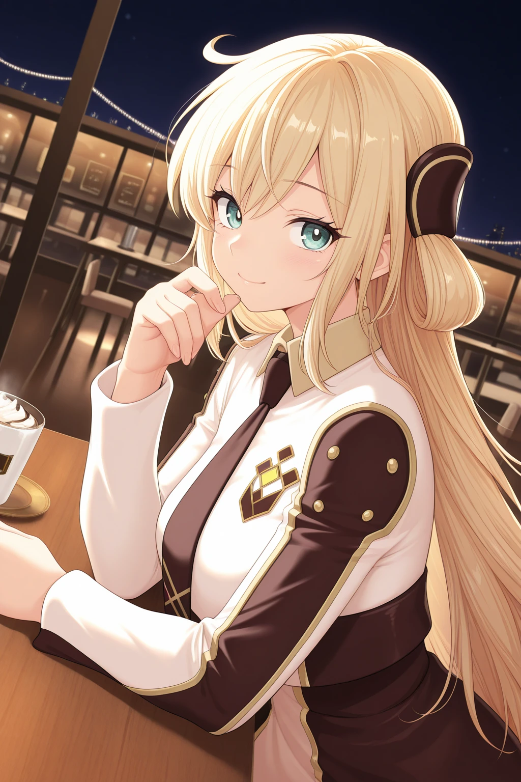 1girl, SkyStrikerAce-RayeYu-Gi-Oh,
general, solo, perspective, dutch angle, from side, upper body,
long hair, blonde hair, eyelashes,
breasts,
hair ornament,
collared dress, black necktie, two-tone dress,
long sleeves,
dating, looking at viewer, holding cup,
night, cafe, table,
<lora:kp_SkyStrikerAce-RayeYu-Gi-OhIllustrious_v1_0:1.0>,
masterpiece, best quality, amazing quality