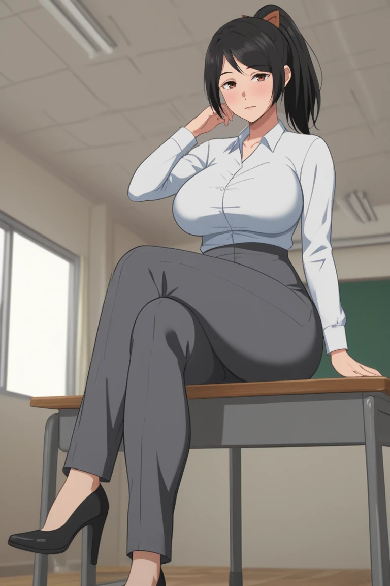 (8k, RAW photos, top quality, masterpieces), high-definition, detailed anime, high detail, good lighting, (highest quality), (best shadows), (best illustrations), beautiful women, (((mature))), perfect ass, high detail, lewd, hentai, (no nudity), (( open jacket, office lady, suit, pants )), ((wet crotch)), (((peeing herself))), (((wetting herself))), (((pee streaming down legs))), peeing stain, (puddle), nice long legs, lipstick, detailed face, pretty face, ((legs spread:1.5)), detailed eyes, (((blushing))), black hair, narrow waist, high detailed face, big eyes, ((thick thighs)), classroom, detailed anime eyes, (((both hands on crotch:1.5))), (((deep neckline:1.2))), small breast, (((holding crotch trying to hold pee))), embarrassed blushing face, humiliated, ((legs spread)), blushing, big ass, ((both hands holding the crotch)), hands on crotch, ((standing behind to the chalkboard )), classroom, (((teacher))), (full auditory of classroom), (morning), (indoors), Knees clenched together, Tense posture, bites her lower lip, full bladder, glowing light, high quality, super detail, anatomically correct, 16k, (((standing still))), (wide angle)