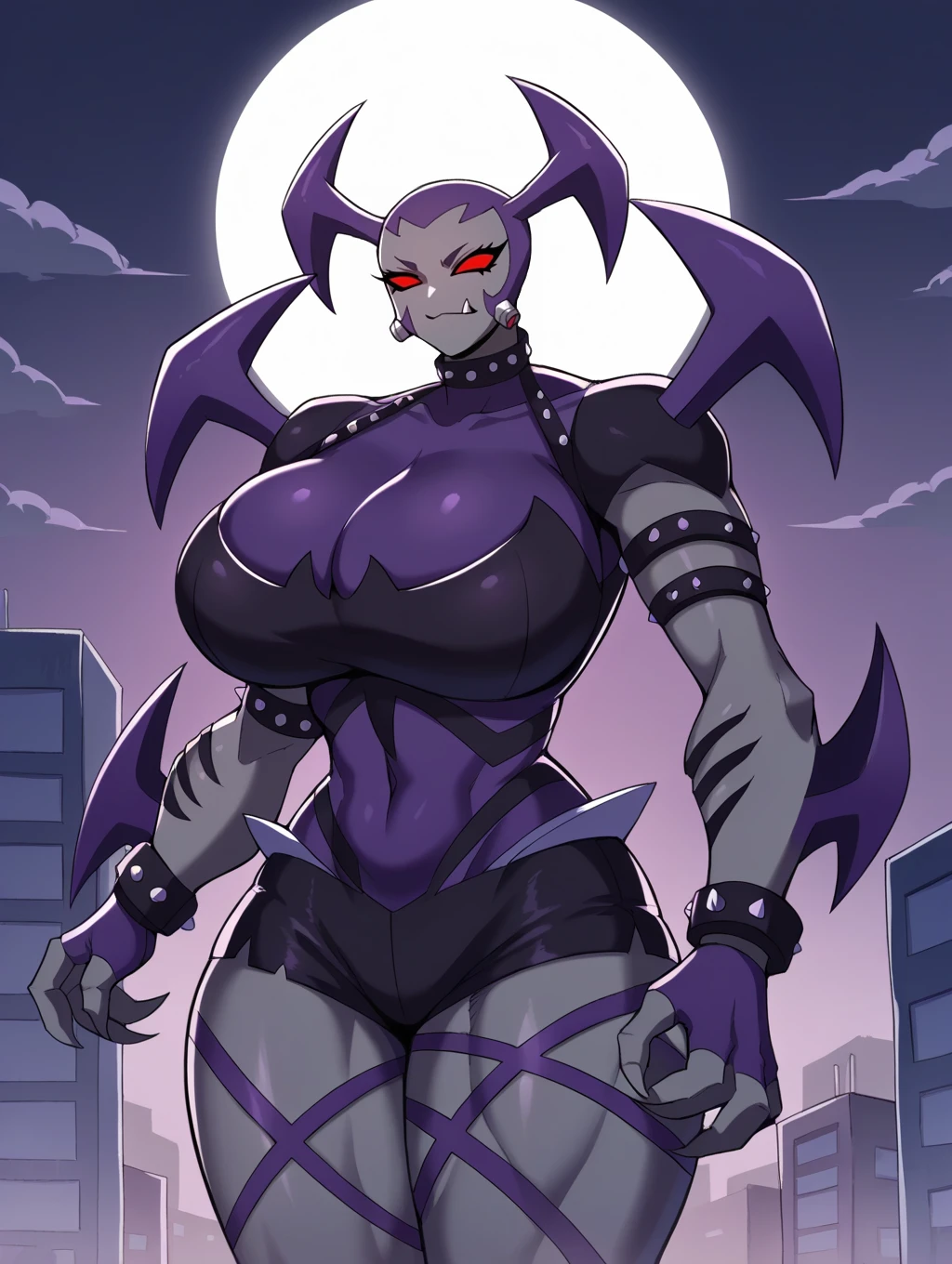 Create a female Kaiju with a completely dark body with purple details, horns a long tail and purple eyes, dark patches on your back, and a muscular but seductive female body, do it head on, showing the muscles of her abdomen and big breasts, She is perfect and has a beautiful, muscular body 