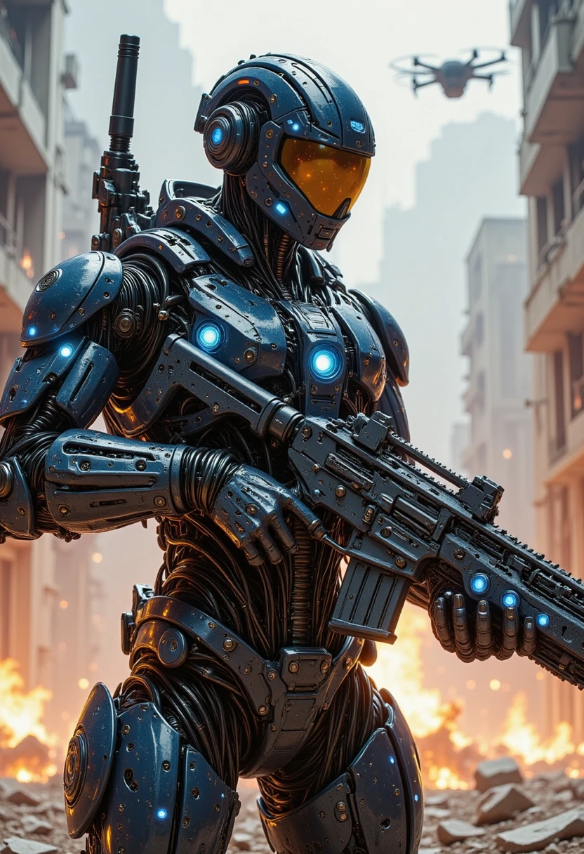 pinkmechalux, A highly detailed futuristic sci-fi soldier in an intense combat scenario, wearing advanced power armor with a sleek metallic design and glowing blue energy lines. His helmet is equipped with an augmented reality HUD display, reflecting tactical data and enemy positions. The soldier grips a high-tech plasma rifle with intricate cybernetic components, glowing accents, and an advanced targeting scope. The battlefield is a dystopian warzone with crumbling buildings, neon-lit debris, and hovering drones scanning the area. In the background, explosions and laser beams illuminate the smoky, war-torn environment. Sparks and embers float through the air, adding a cinematic, action-packed atmosphere. The image is rendered in ultra-realistic detail with a mix of cyberpunk and military sci-fi aesthetics, evoking themes of futuristic warfare and elite special operations.