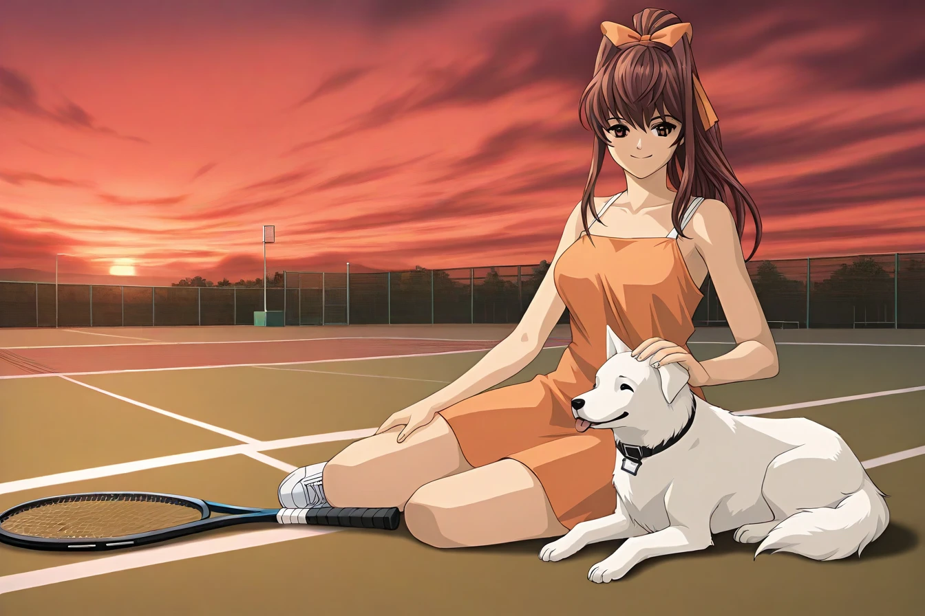 <lora:dividead-il:0.9> dvdead, azusayuuki, orange sundress, white straps, tennis court, white dog, petting, sunset, red clouds, solo, smile,, best quality, high quality, masterpiece,