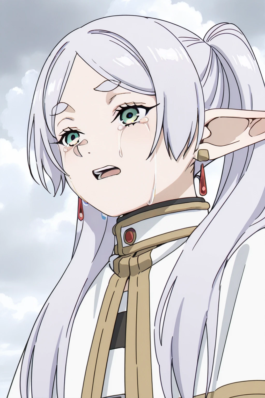 <lora:FrierenStyle:1>, FrierenStyle, 1girl, pointy ears, solo, jewelry, elf, earrings, crying, twintails, long hair, open mouth, white capelet, tears, sky, cloudy sky, capelet, crying with eyes open, green eyes, teeth, white hair, grey hair, parted bangs, dangle earrings, thick eyebrows