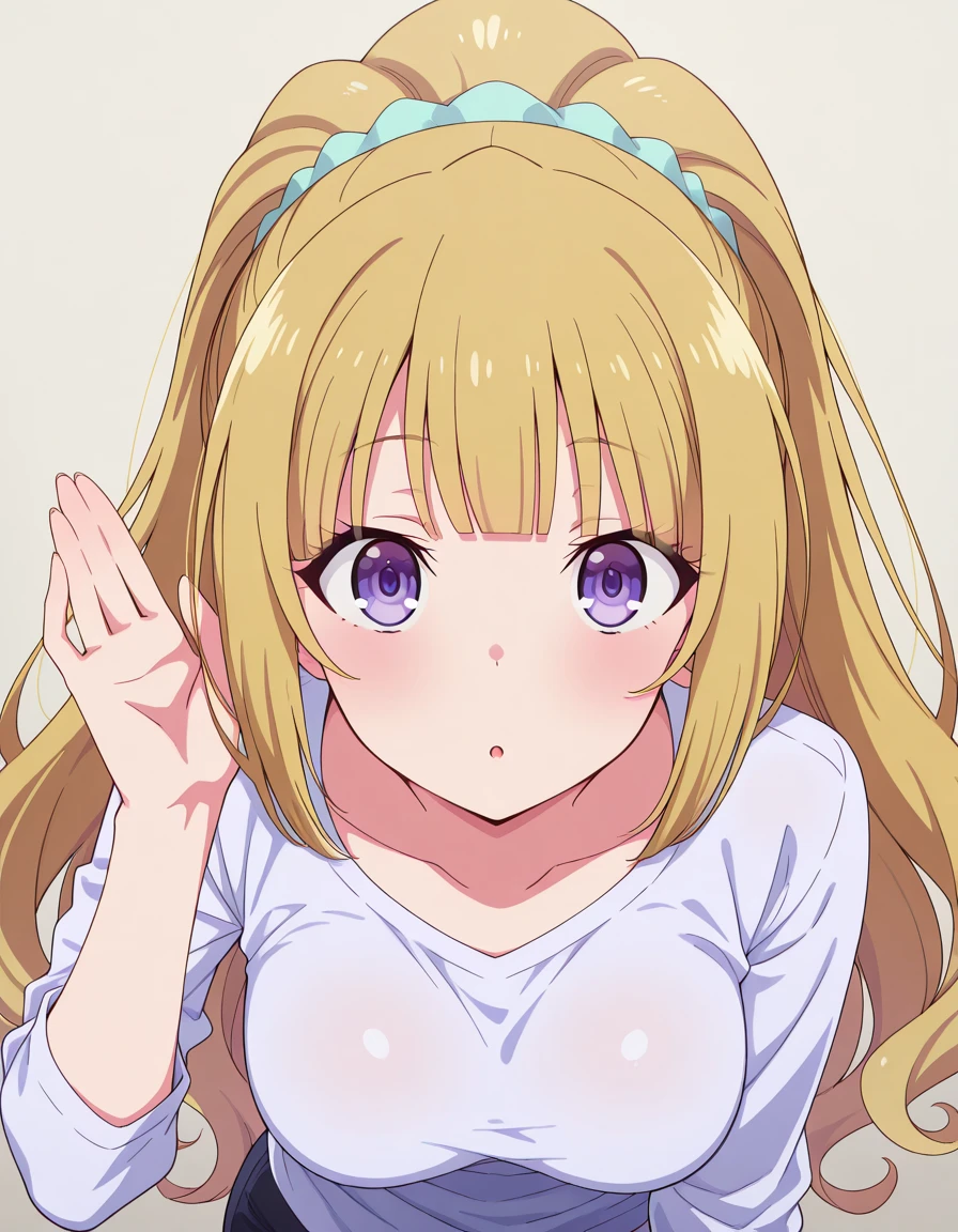 masterpiece, best quality, amazing quality,, <lora:kei-karuizawa-s2-v1-illustriousxl-lora-nochekaiser:1>, kei karuizawa, long hair, bangs, blunt bangs, purple eyes, blonde hair, shirt, hair ornament, ponytail, scrunchie, blue scrunchie, medium breasts,, <lora:cupping-ears-illustriousxl-lora-nochekaiser:1>, cupping ears, looking at viewer, upper body, :o, hand up, parted lips, leaning forward, ear focus,, , ,