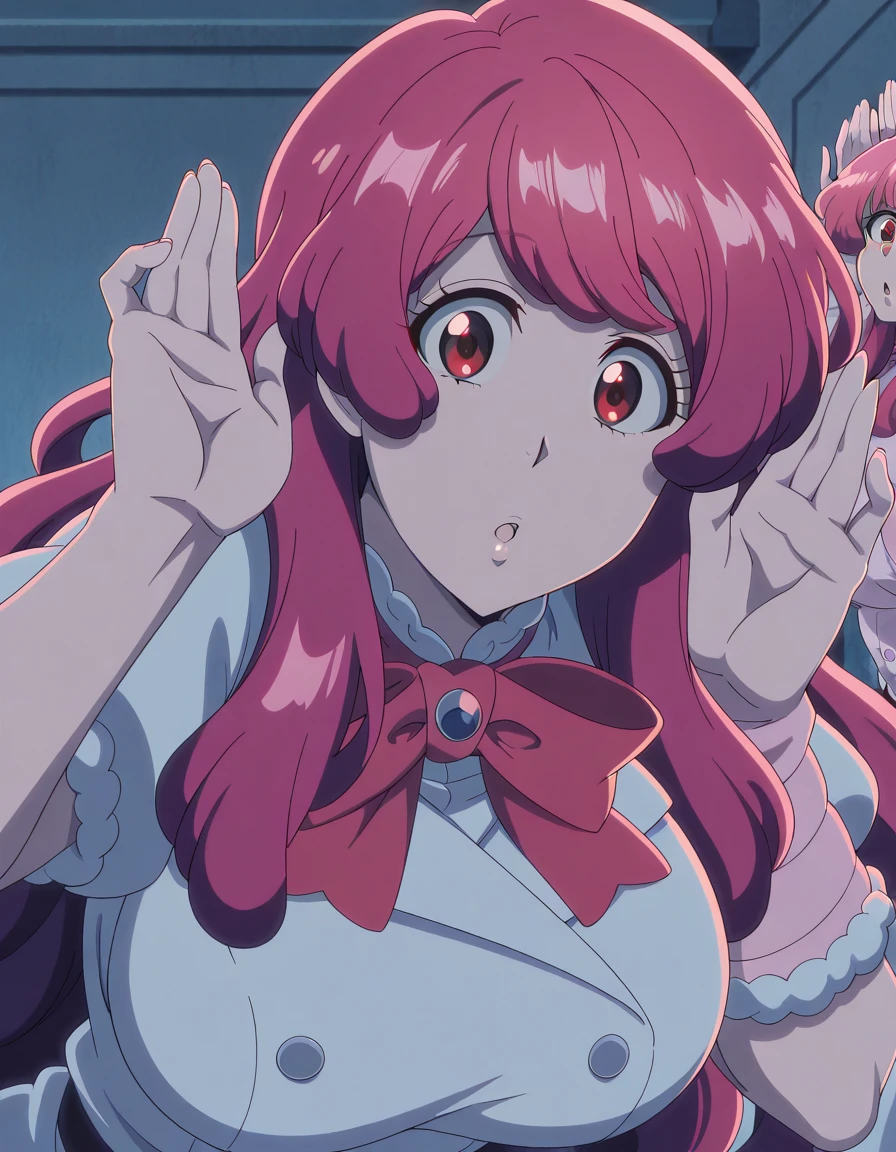 masterpiece, best quality, amazing quality,, <lora:s-mcallon-tybw-illustriousxl-lora-nochekaiser:1>, meninalon, long hair, pink hair, red eyes, mature female, breasts, anime screencap, <lora:cupping-ears-illustriousxl-lora-nochekaiser:1>, cupping ears, looking at viewer, upper body, :o, hand up, parted lips, leaning forward, ear focus,, , ,