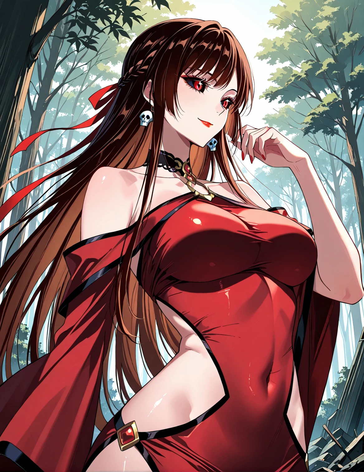 araffe woman in a red dress, magical outdoor location, lorena avarez, perfect body, green eyes, in a red dress, sexy red dress with massive slit in the centre revealing sexy legs, wearing a longv red dress, wearing a long red dress, tight dress, curvy hourglass figure, woman wears a long red dress, curvy model, long red dress, irina nordsol kuzmina, profile pic, curvy figure, huge breasts, tall, sexy pose.