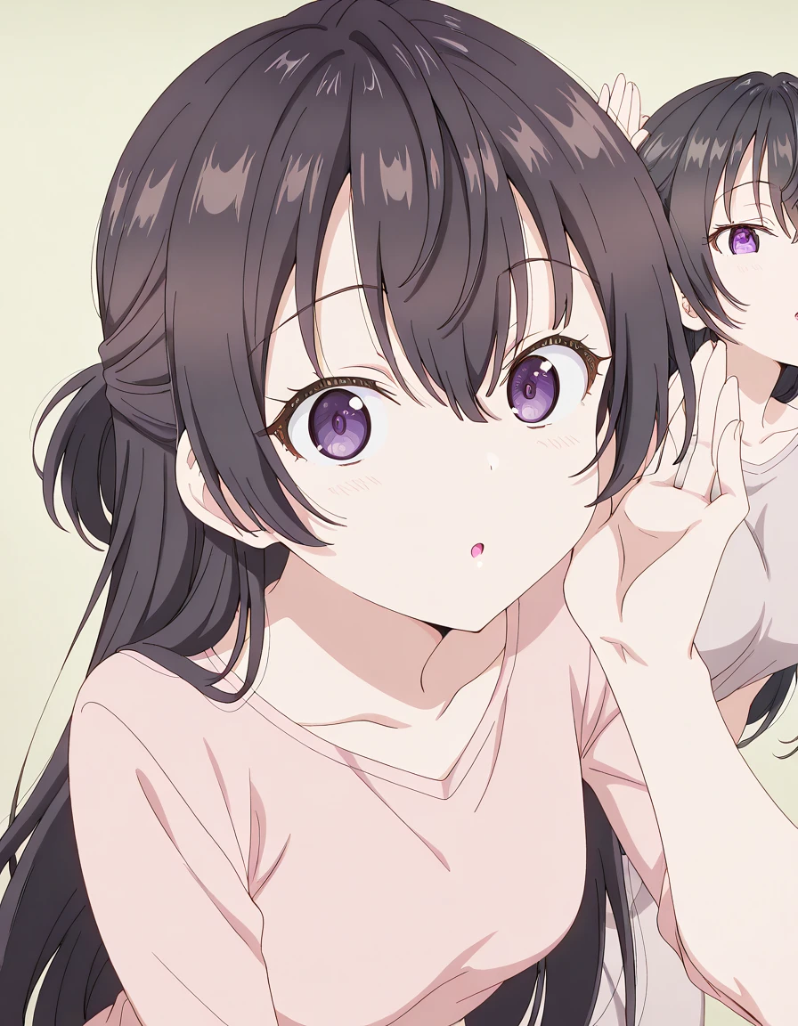 masterpiece, best quality, amazing quality,, <lora:yuki-suou-s1-illustriousxl-lora-nochekaiser:1>, yuki suou, long hair, bangs, brown hair, black hair, hair between eyes, purple eyes, half updo, mature female, small breasts, anime screencap, <lora:cupping-ears-illustriousxl-lora-nochekaiser:1>, cupping ears, looking at viewer, upper body, :o, hand up, parted lips, leaning forward, ear focus,, , ,
