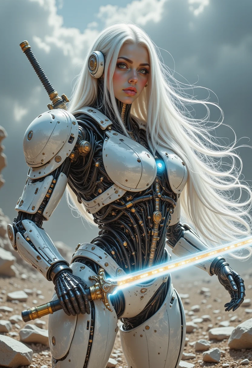 pinkmechalux, A cybernetic warrior woman with sleek white and gold armor, holding a glowing energy sword, her long silver hair flowing in the wind, standing on a futuristic battlefield under a stormy sky.