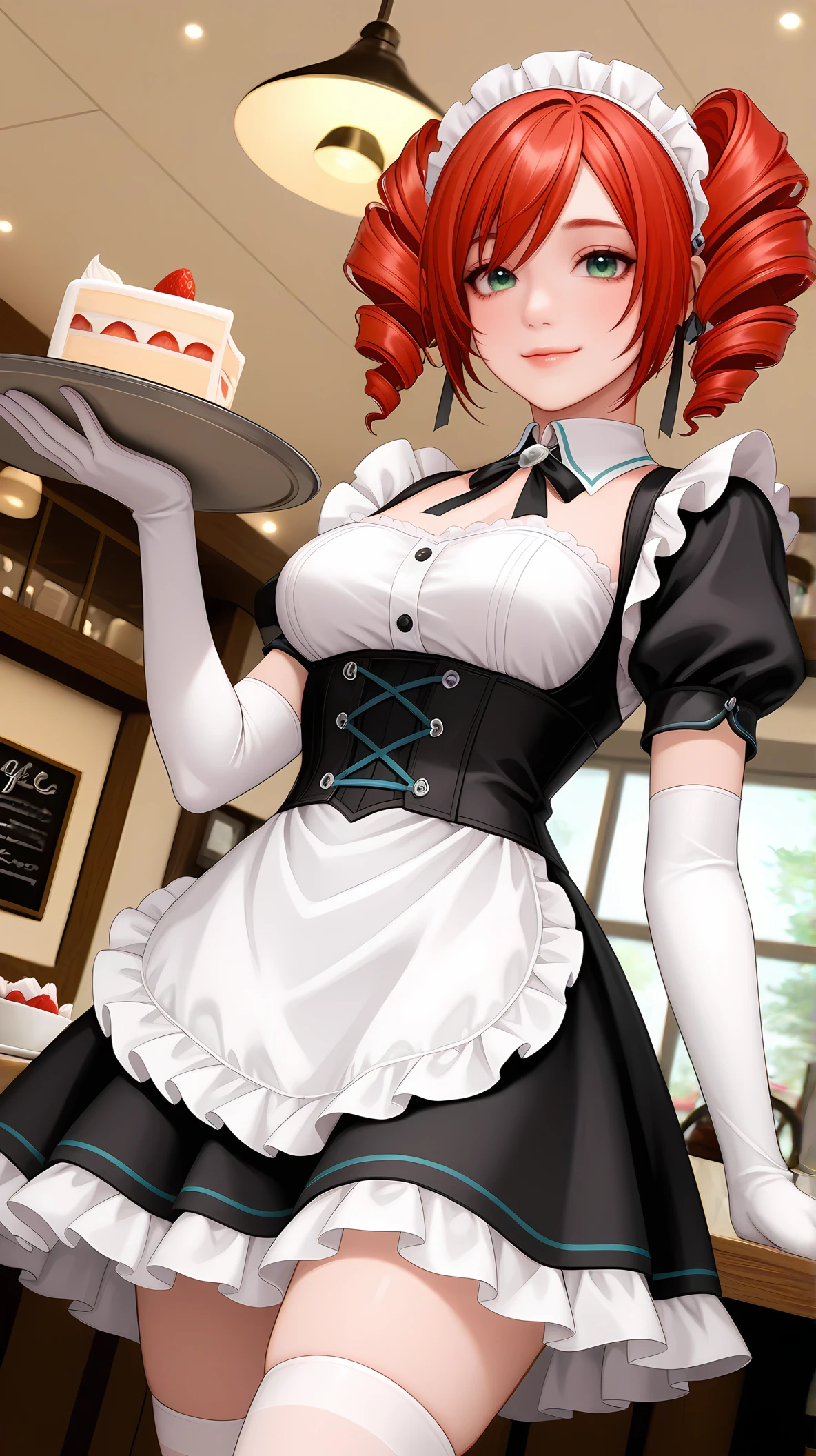 (masterpiece, best quality:1.2), solo, 1girl, smile, looking at viewer, holding tray, red hair, ponytail, fake animal ears, heterochromia, playboy bunny, leotard, pantyhose