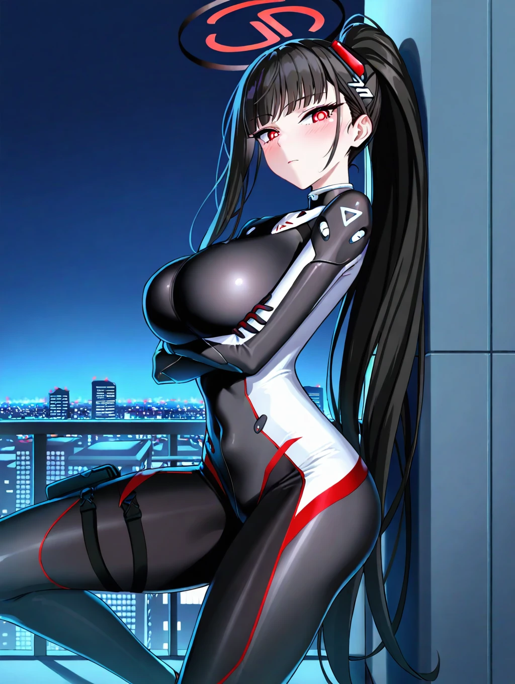 highest quality、Realistic、female、zoom、Orange Eyes、Silver long wavy hair、Hero Suit、Glossy bodysuit、slender、Dark Skin、Large Breasts。Big Ass、Rooftop、An inappropriate smile、Bust Shot、